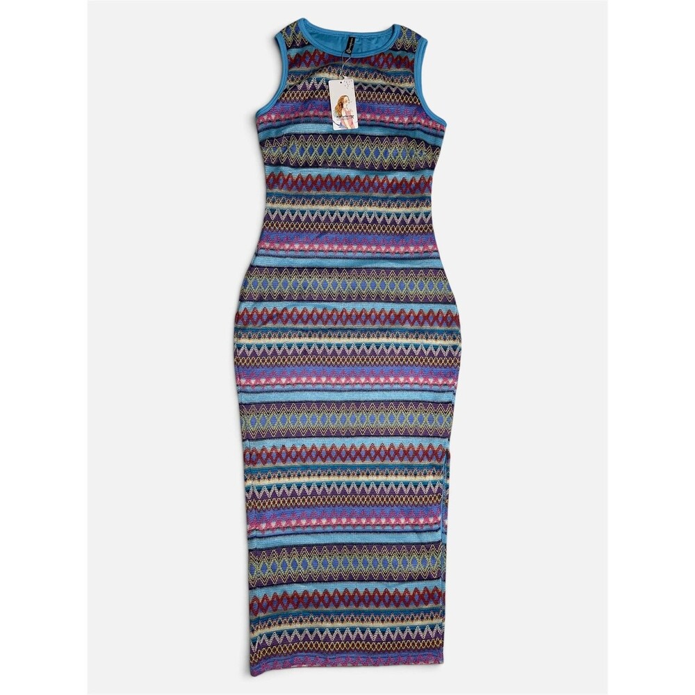 PrettyGarden Multicolor Geometric Knit Bodycon Midi Dress Strappy Scoop Neck S